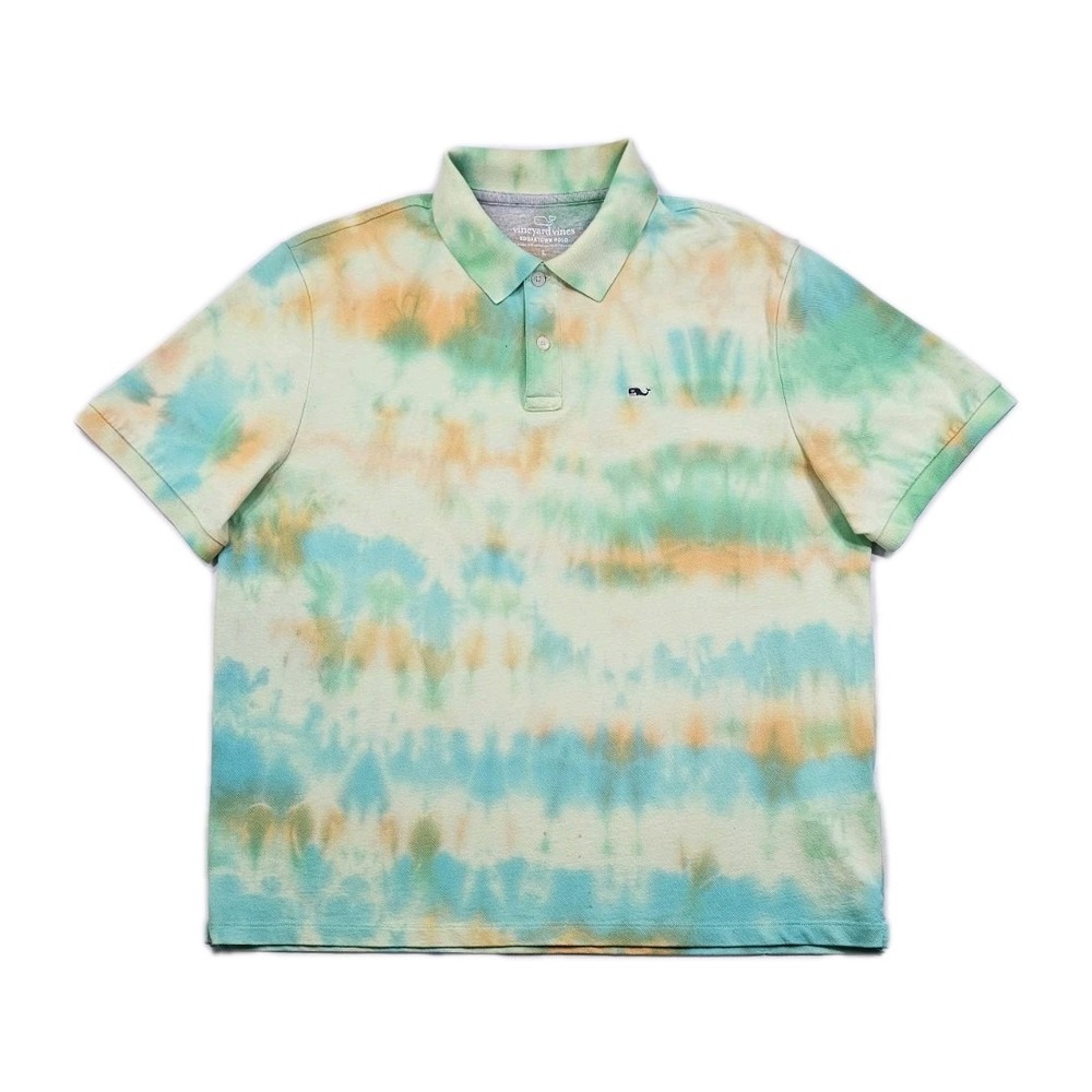 Vineyard Vines Edgartown Golf Polo Mens L Tie Dye Green Blue Whale Shirt Stretch